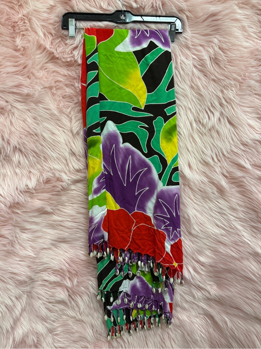 Colorful Tropical Print Scarf with Beaded Fringe